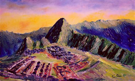 'Machu Picchu Sunset' aus der Kunstreihe 'Mystische Landschaften: Ölgemälde mit Motiven von ...