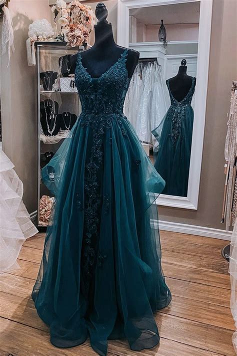 Teal Blue Tulle V-neckline Long Party Dress with Lace, Teal Blue Long – Cutedressy