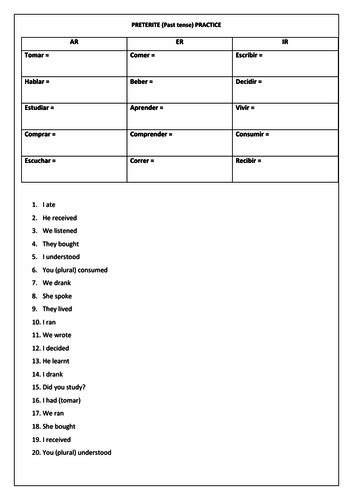 Spanish grammar preterite tense practice drill with answers (regular) | Teaching Resources