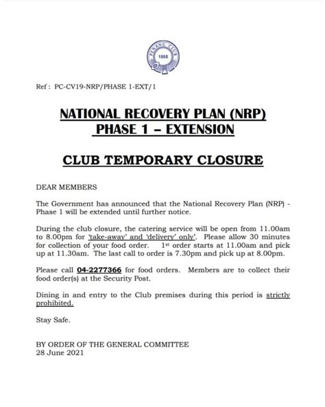 NATIONAL RECOVERY PLAN (NRP) PHASE 1 – EXTENSION CLUB TEMPORARY CLOSURE ...