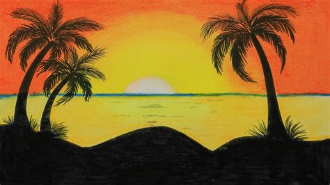 Sunset Drawing Easy Colored Pencil / Sunset scenery drawing in pencil for beginners step by how ...