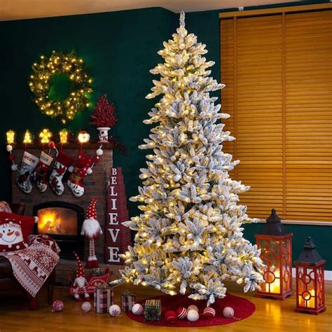 Glitzhome 9 ft. Pre-Lit Snow Flocked Fir Artificial Christmas Tree with ...