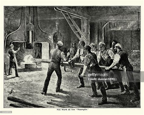 Victorian Steel Mill Workers Using The Steam Hammer High-Res Vector ...