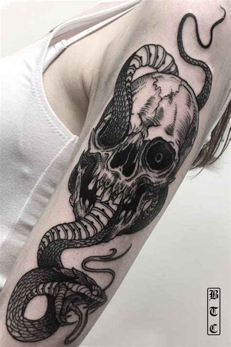 Skull and Snake Blackwork Upper Arm Tattoo | BTCillustration | Snake ...