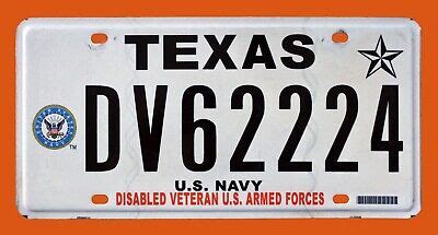 TEXAS GRAPHIC LICENSE PLATE " DV 62224 " US NAVY NAVAL USN DISABLED VETERAN | eBay