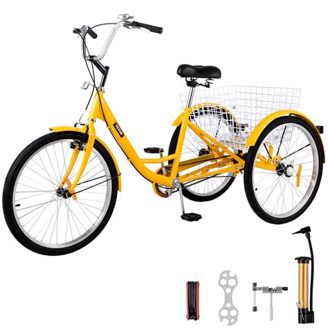 VEVOR 24 inch Adult Tricycle, 1-Speed, Yellow, with Bell Brake & Cargo Basket - Walmart.com