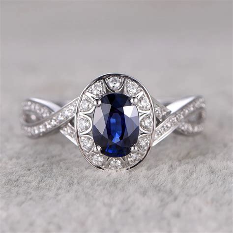 Rings For Women 14K White Gold 1.2ctw Oval Cut Blue Sapphire Engagement ...