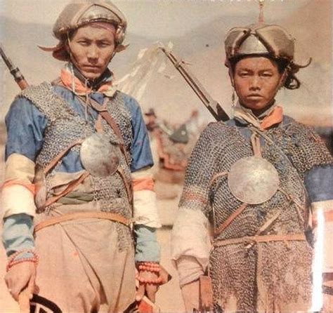 Tibetan warriors shown wearing helmets, mail armor and char-aina ...