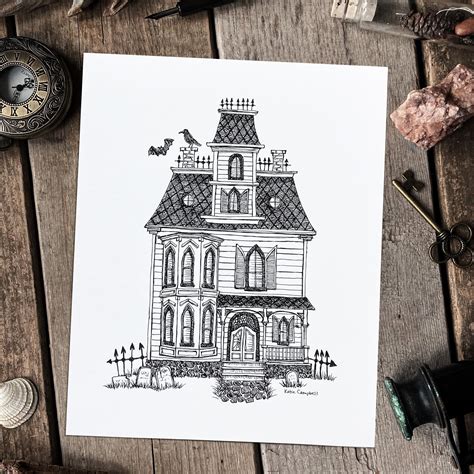 Haunted House Art Print Spooky Pen and Ink House Halloween | Etsy