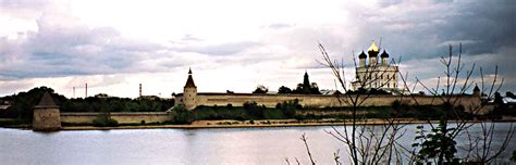 View of the northern section of Pskov with city wall from across the ...