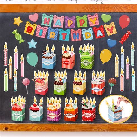 Amazon.com : Pasimy 73 Pieces Birthday Bulletin Board Set 12 Months Boxes Calendar Pocket Charts ...