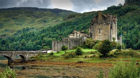 Download wallpaper 1920x1080 castle, mountains, wood, trees, bridge, lake, scotland full hd ...