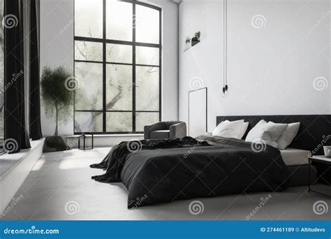 Minimalist Bedroom, with Sleek Black Bed and White Sheets Stock ...