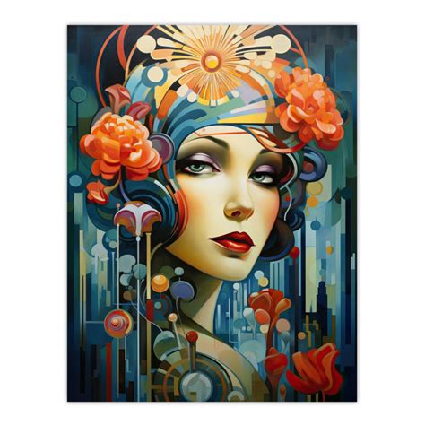 Metropolis Art Deco Woman Portrait With Flowers Artwork Bold Bright Extra Large XL Unframed Wall ...