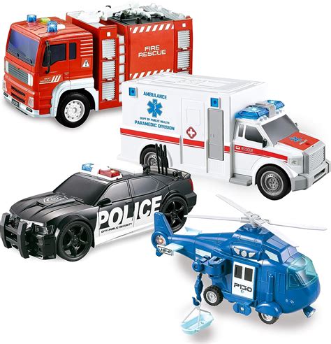 JOYIN 4 Packs Emergency Vehicle Toy Playsets, Friction Powered Vehicles with Light and Sound ...