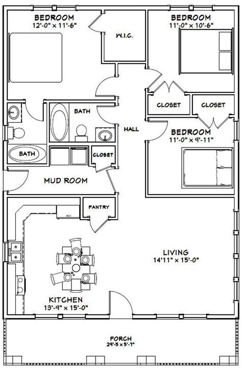 30x40 House 3-bedroom 2-bath 1,200 Sq Ft PDF Floor Plan Instant Download Model 2B - Etsy | Small ...