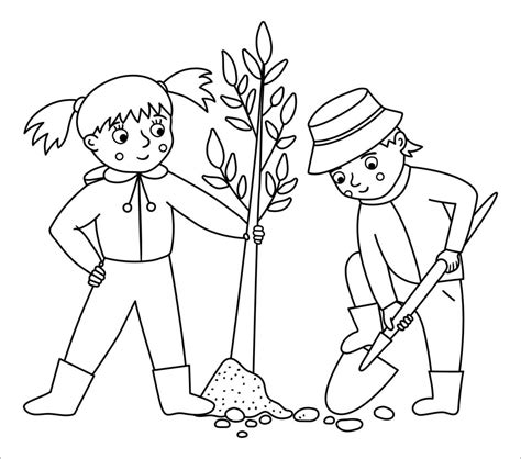 Vector black and white children planting tree illustration. Cute ...