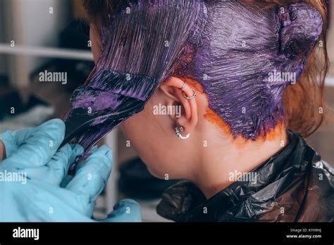 Professional hairdresser dyeing hair of her client in salon. Selective focus Stock Photo - Alamy