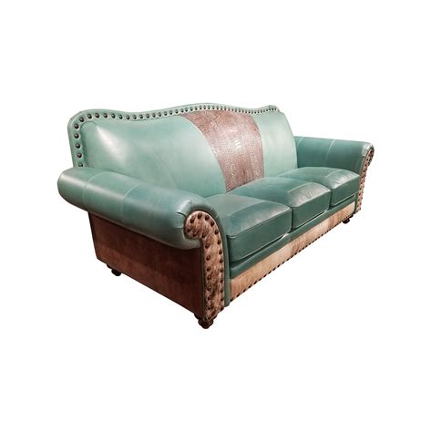 Bayou Turquoise Western Leather Sofa – Great Blue Heron Furniture