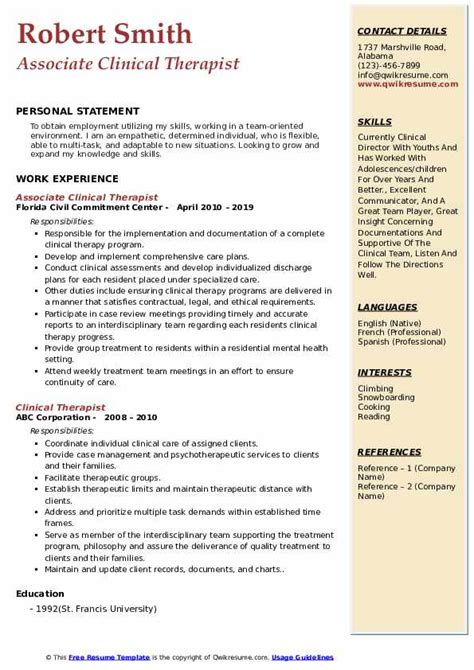 Clinical Therapist Resume Samples | QwikResume