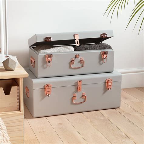 Beautify Storage Trunks, Set of 2 Grey Stainless Steel Storage Chests w ...