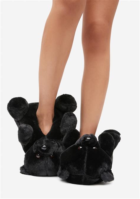 Fuzzy Teddy Bear Slippers - Black | Dolls Kill