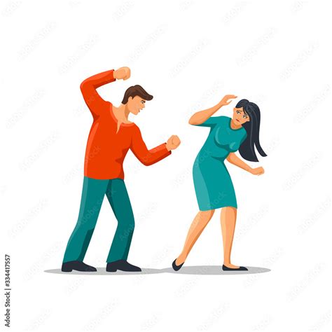 Angry cartoon abuser man hitting fear woman vector graphic illustration. Scared female victim of ...