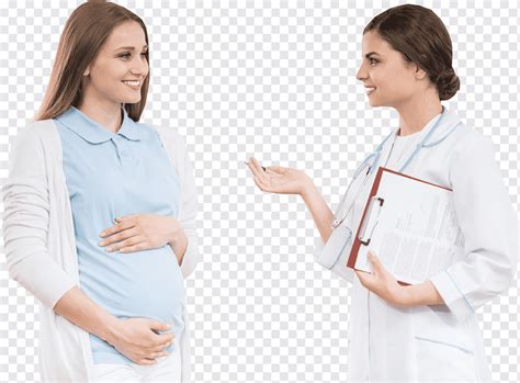 Woman holding her belly while talking to woman holding clip board, Pregnancy Health Surrogacy ...