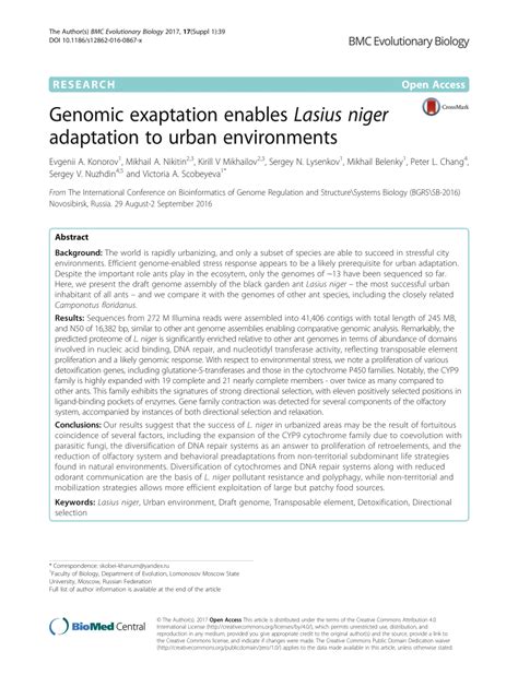 (PDF) Genomic exaptation enables Lasius Niger adaptation to urban ...