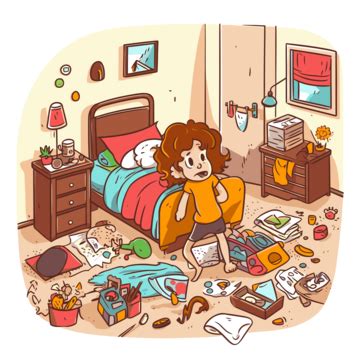 Clean Your Room Vector, Sticker Clipart Cartoon Bedroom With Messy ...