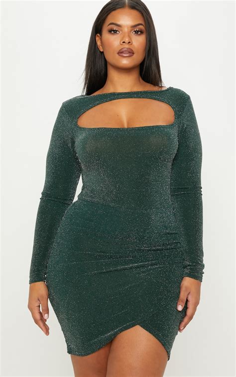 Plus Emerald Green Glitter Bodycon Dress | PrettyLittleThing