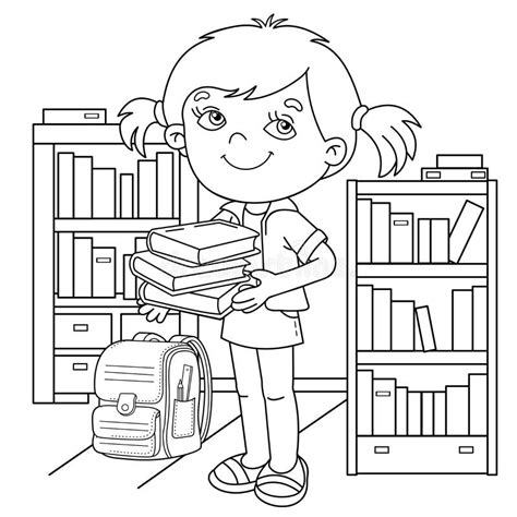 Esquema De La Página De Color De La Niña Caricaturizada Con Libros O Libros De Texto. Alumno O ...