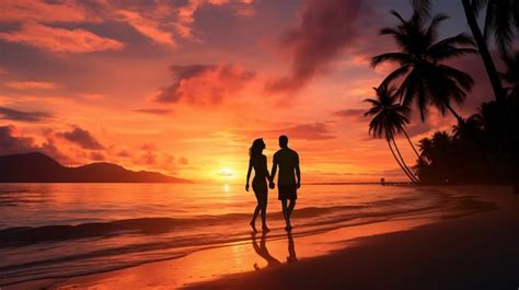 Premium AI Image | Silhouette of romantic couple on sunset beach tropic