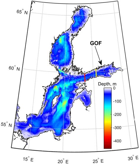 The bathymetry of the Baltic Sea. Red line – open boundary of the model ...