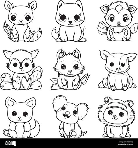 A set of cute animal line art coloring book pages for kids Stock Vector ...