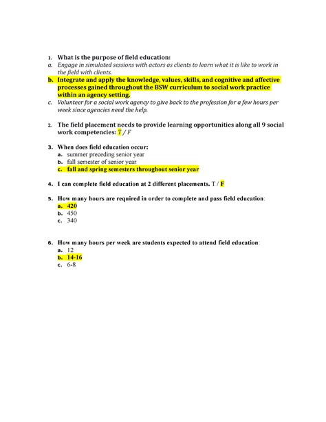 Field Education General Info quiz - 1. What is the purpose of field education: a. Engage in ...