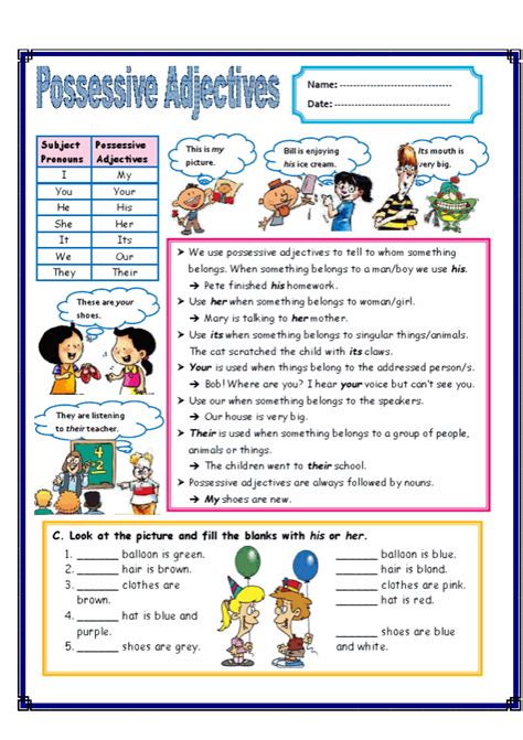 Possessive Adjectives Exercises, Free Printable Possessive Adjectives ESL Worksheets ...