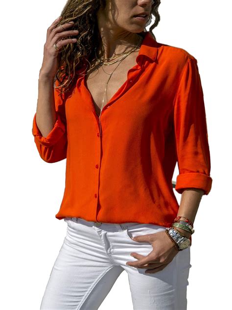 Long Sleeve T Shirt for Women Casual Turn Down Collar T-Shirt Button Front Shirt Oversize Tops ...