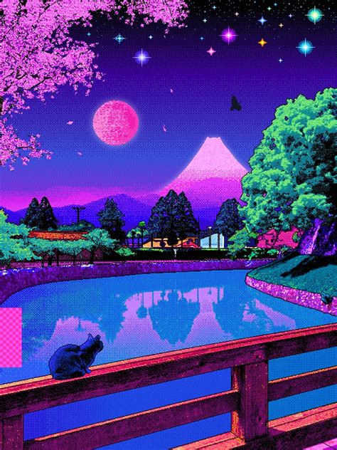 Vaporwave T-Shirt - Aesthetic 80s Pixel Art Japan Design Kawaii Cat Digital Art by William Stratton