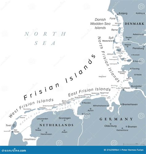 Frisian Islands, Wadden Sea Islands At The North Sea, Political Map Vector Illustration ...