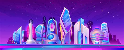 Premium Vector | Cartoon futuristic city night landscape with neon ...