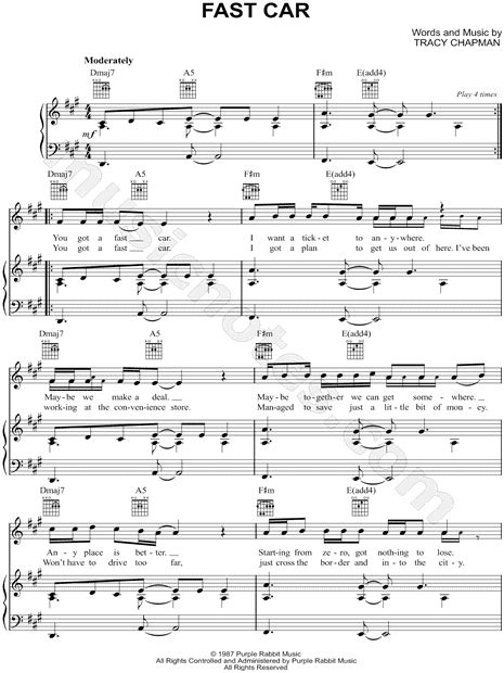 Tracy Chapman "Fast Car" Sheet Music in A Major (transposable ...