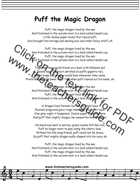 Puff the Magic Dragon Lyrics, Printout, MIDI, and Video