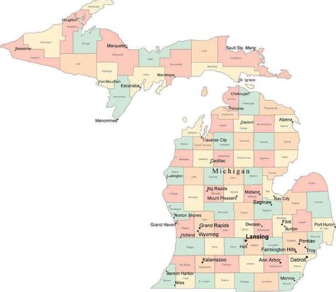 Multi Color Michigan Map with Counties, Capitals, and Major Cities