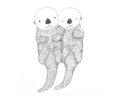 sea otters holding hands drawing - shymerge