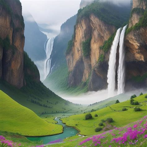 Premium AI Image | Mountain valley with waterfall