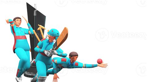 3D Illustration Of Cricket Players In Different Poses With Silver Winning Trophy Cup And Copy ...