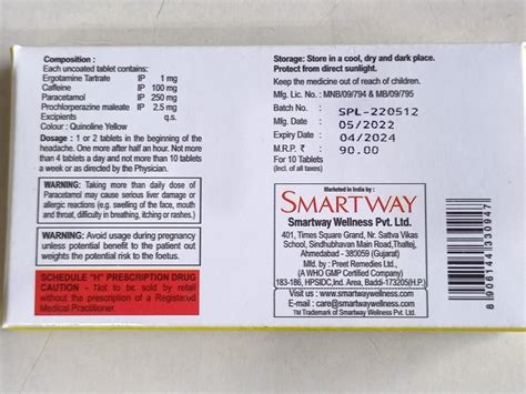 Ergotamine Tartrate, Caffeine, Paracetamol And Prochlorperazine Maleate Tablets at Rs 901/box ...