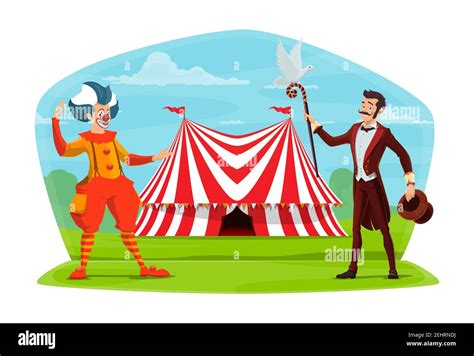 Circus marquee tent and clown with illusionist poster. Vector cartoon ...