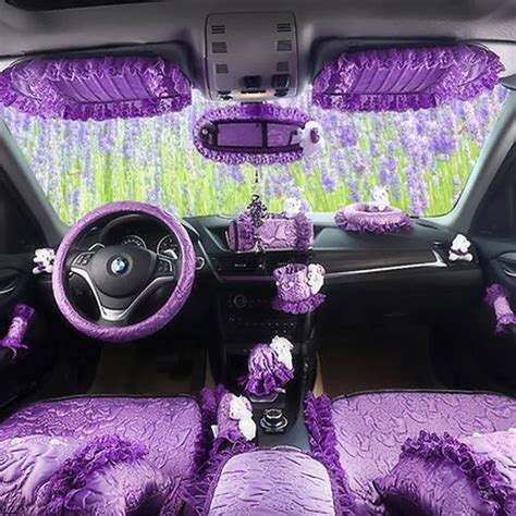 Purple Car Interior Decoration Accessories For Women Girls Silk Steeing Wheel Cover Seatbelt ...